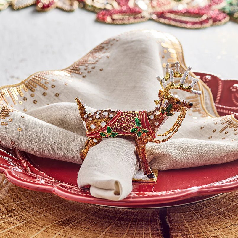 Santa's Reindeer Enameled Napkin Ring Set