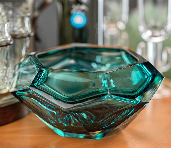 Aqua Gem Faceted Cut Glass Accent Bowl